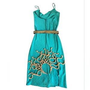 Set Medusa Halloween Costume Teal XL Dress Greek Belt Snake Crown Earrings Rings